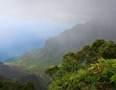 Looking down a cloudy green valley in Hawaii, sloping into the ocean.