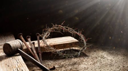 Calvary Of Jesus  - Old Cross With Crown Of Thorns Hammer And Bloody Spikes